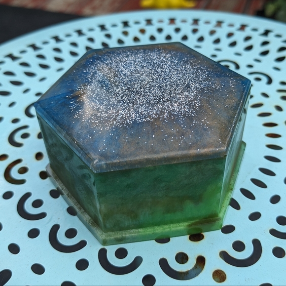 Hand Crafted Art Sparkly Box Handmade Resin Blue Green Jewelry Box